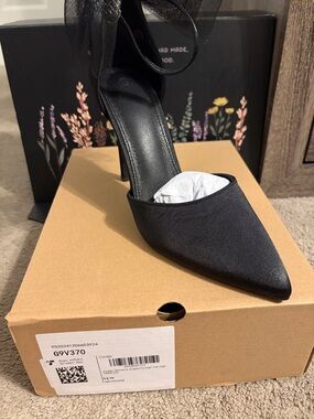 Black Satin Pointed Toe Ankle-Tie High Heels